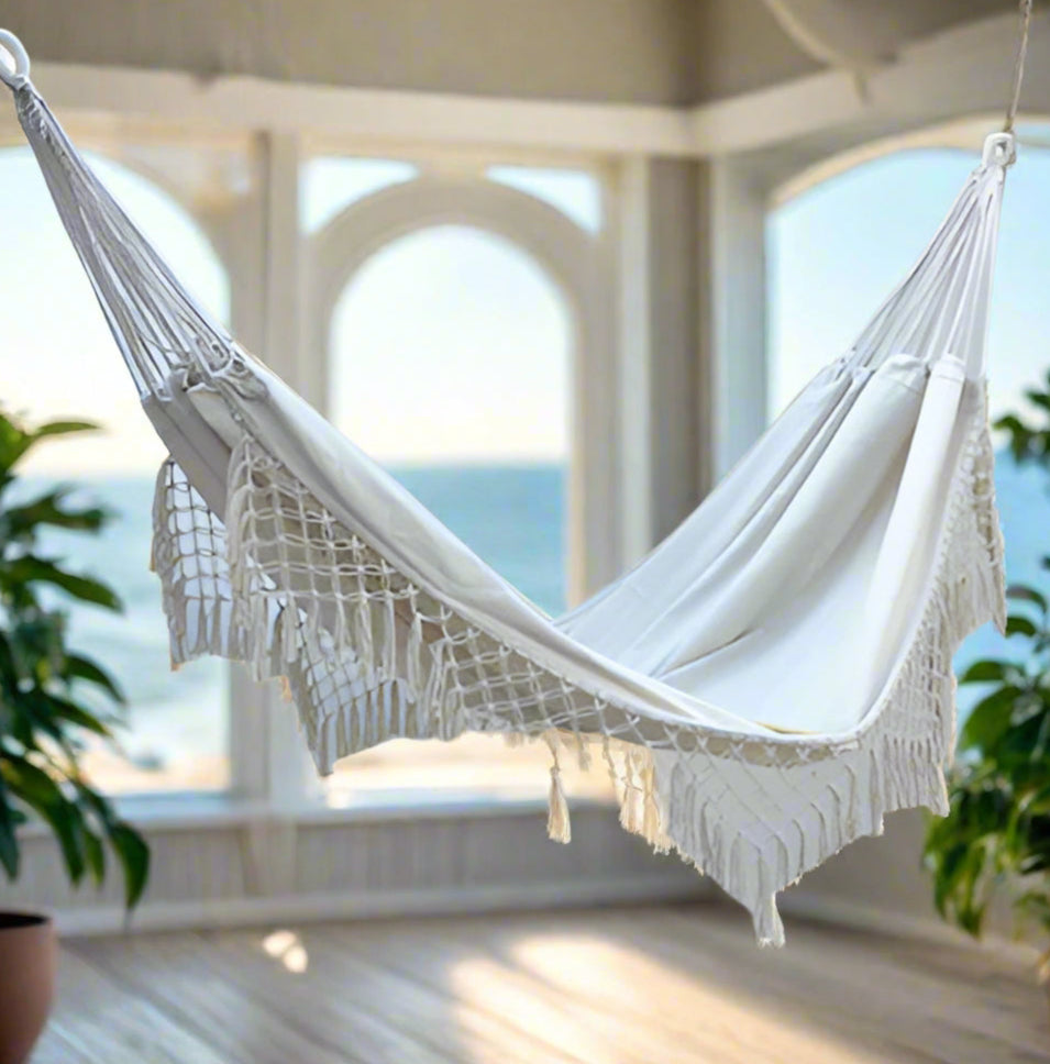 Double large canvas tassel hammock & Carry Bag Beige