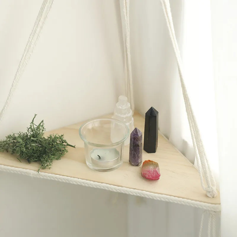 'Briar' Hanging Corner Macrame & Pine Shelving