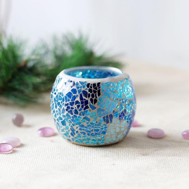 Luna Mosaic Tea Light Holder Blue Hues