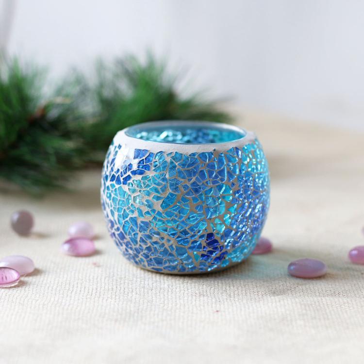 Luna Mosaic Tea Light Holder Sky Blue