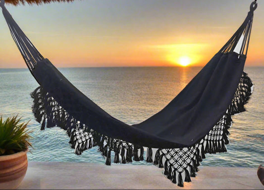 Double large canvas tassel hammock & Carry Bag Black